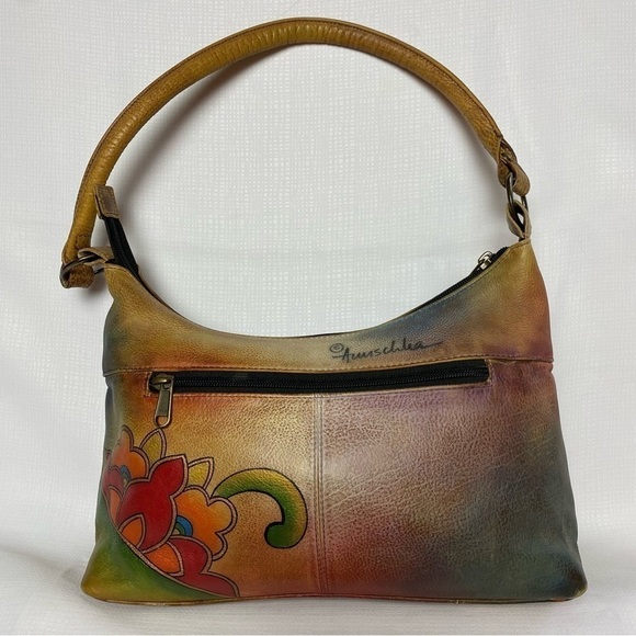Anuschka Gorgeous Hand Painted Medium Zip Top Genuine Brown Leather Hobo Bag - Picture 1 of 15